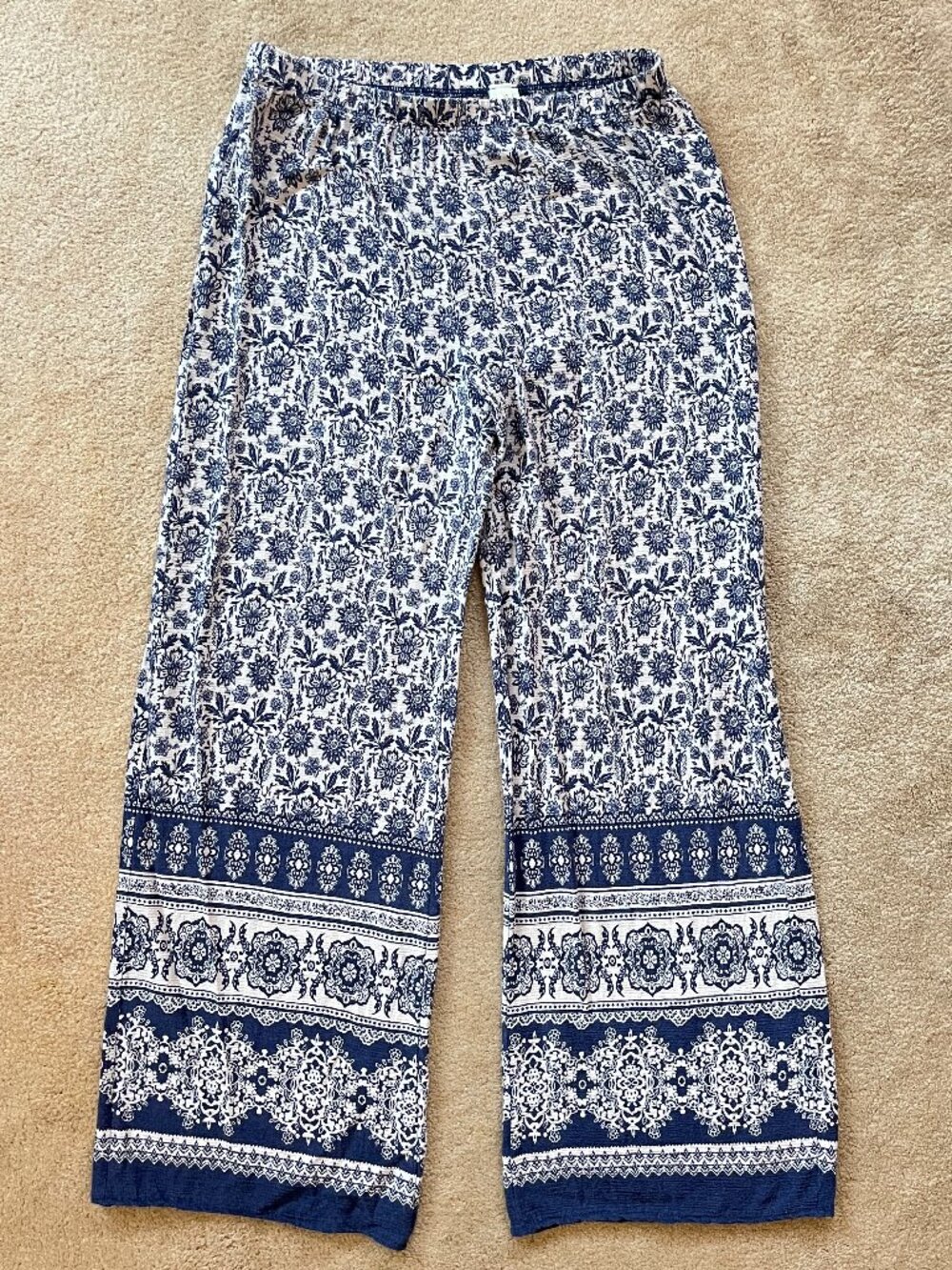 Maxine Nichols Women's Blue White Print Wide Leg Pants Size L Mediterranean Boho